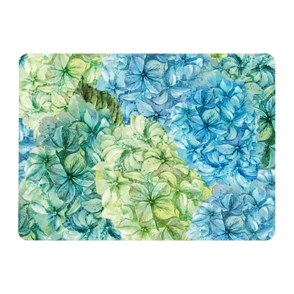 Cutting board with blue and green hydrangea pattern on a white background