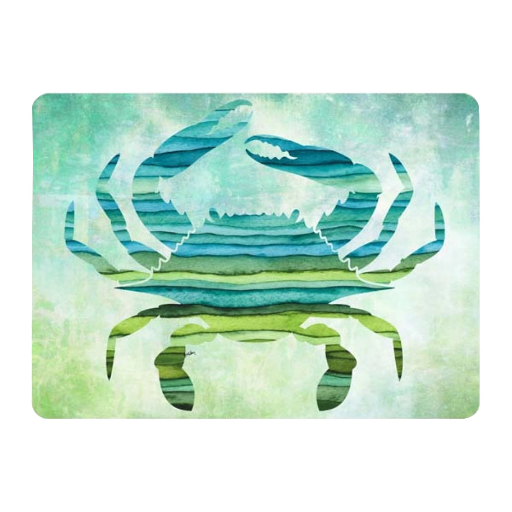 Artistic depiction of a crab on a watercolor background cutting board
