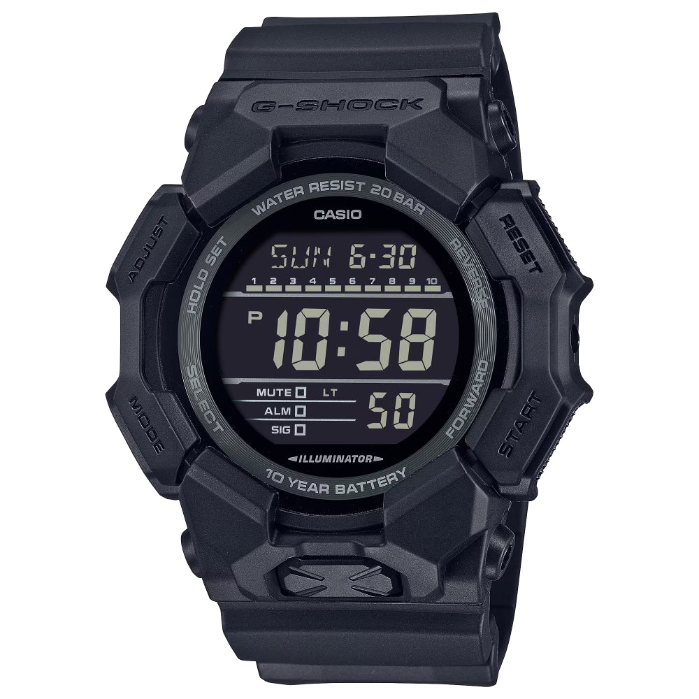 Black Casio G-Shock digital watch on a white background