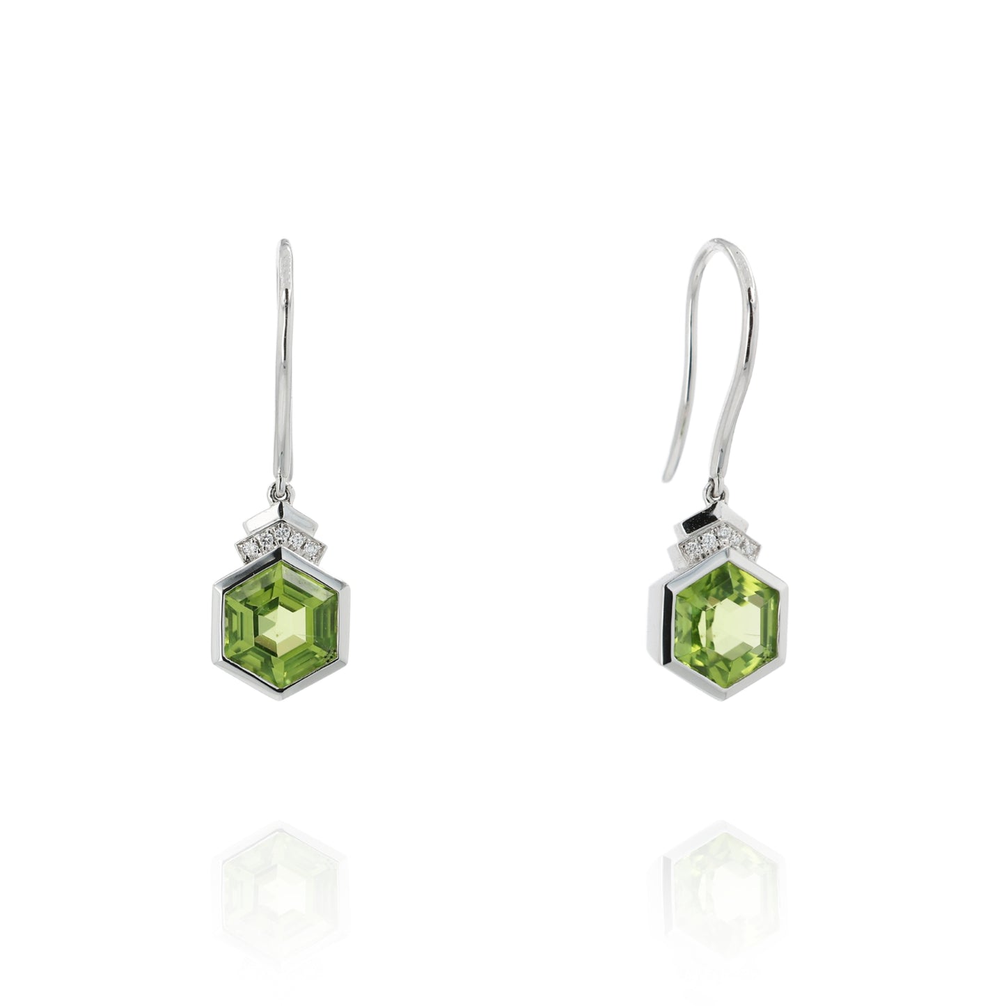 14k White Gold Hexagonal Peridot and Diamond Drop Earrings