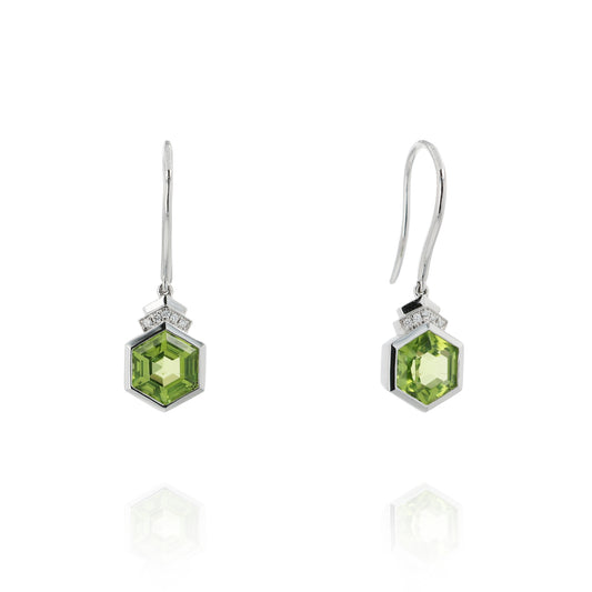 14k White Gold Hexagonal Peridot and Diamond Drop Earrings