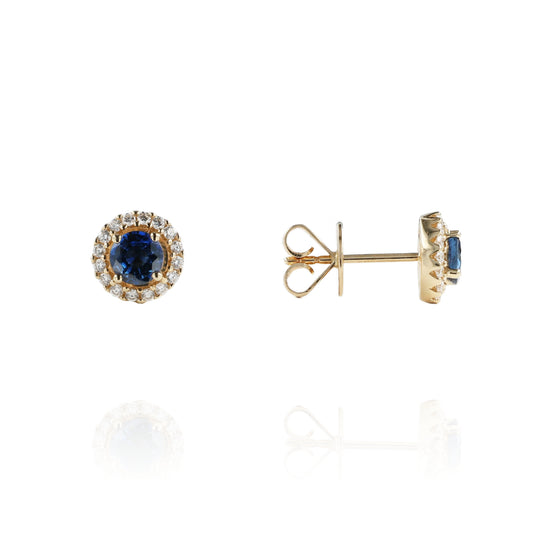 14k Yellow Gold 1.01ct Sapphire and Diamond Halo Stud Earrings