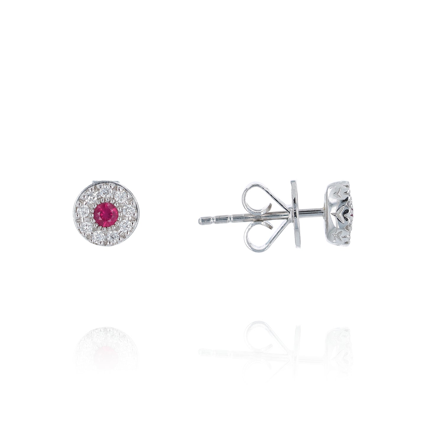 White gold round ruby and diamond halo stud earrings on a white background