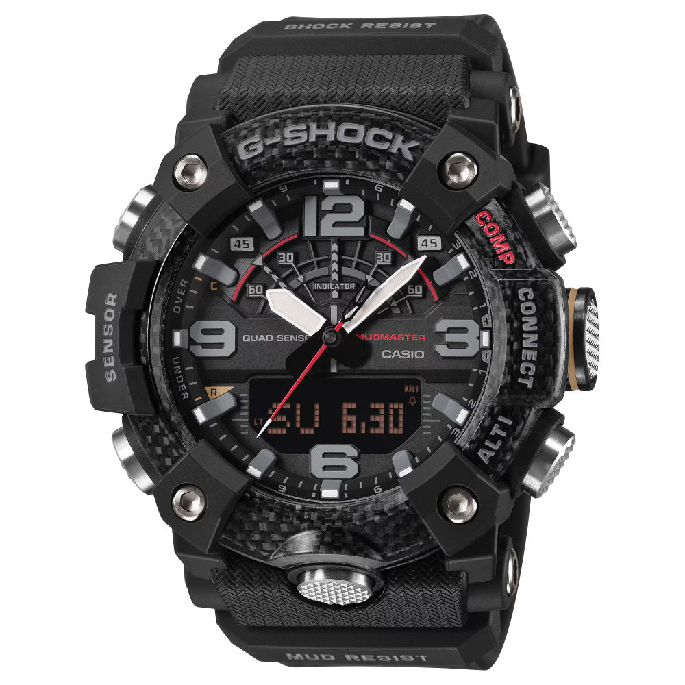 Black Casio G-Shock watch with multiple display options on a white background