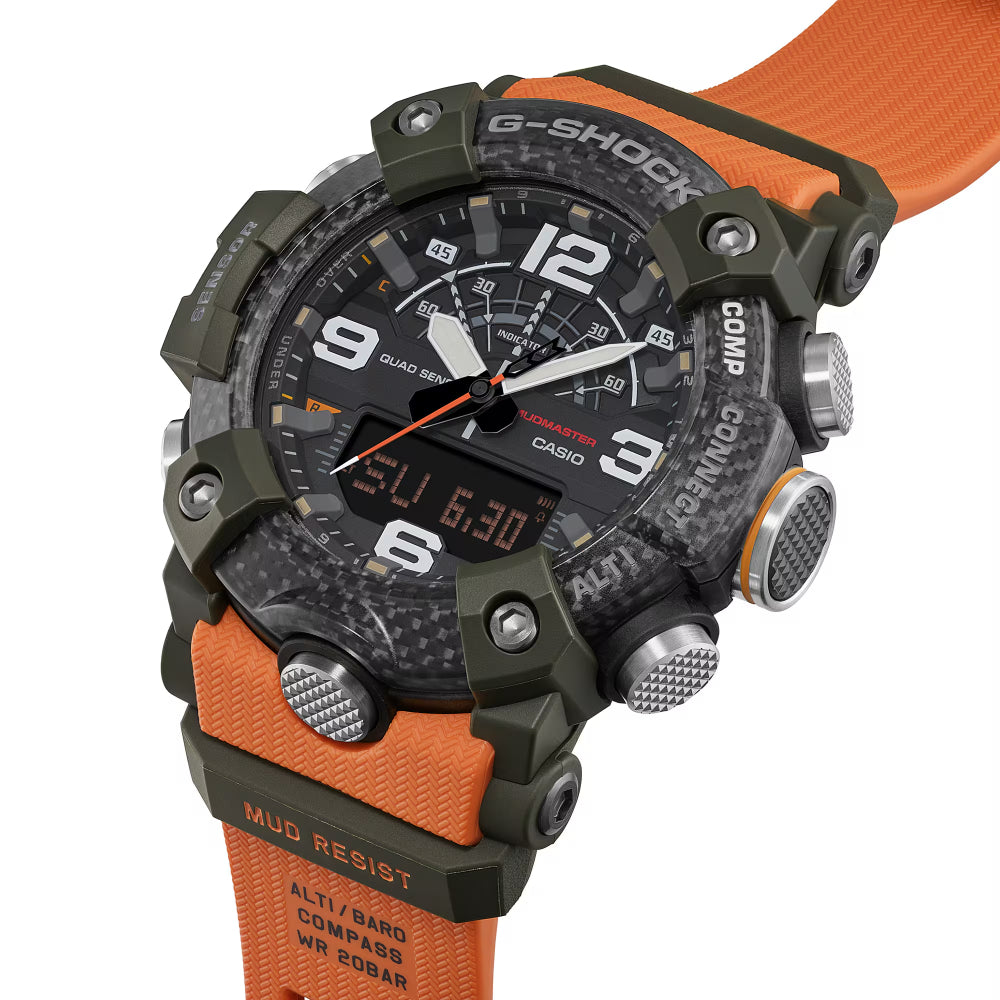 G-Shock watch with orange and black strap on a white background