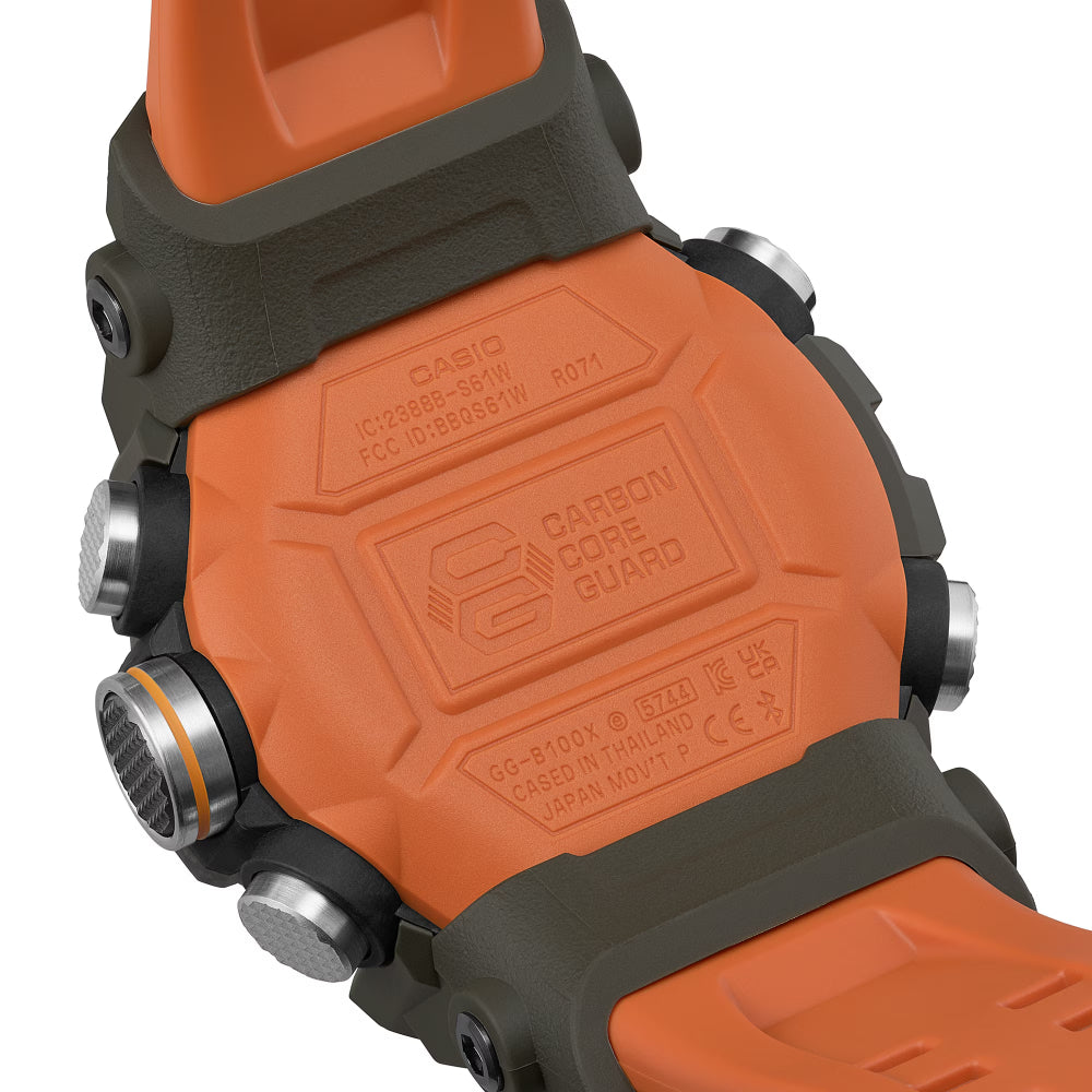 Close-up of an orange Casio watch with carbon core guard feature on a white background