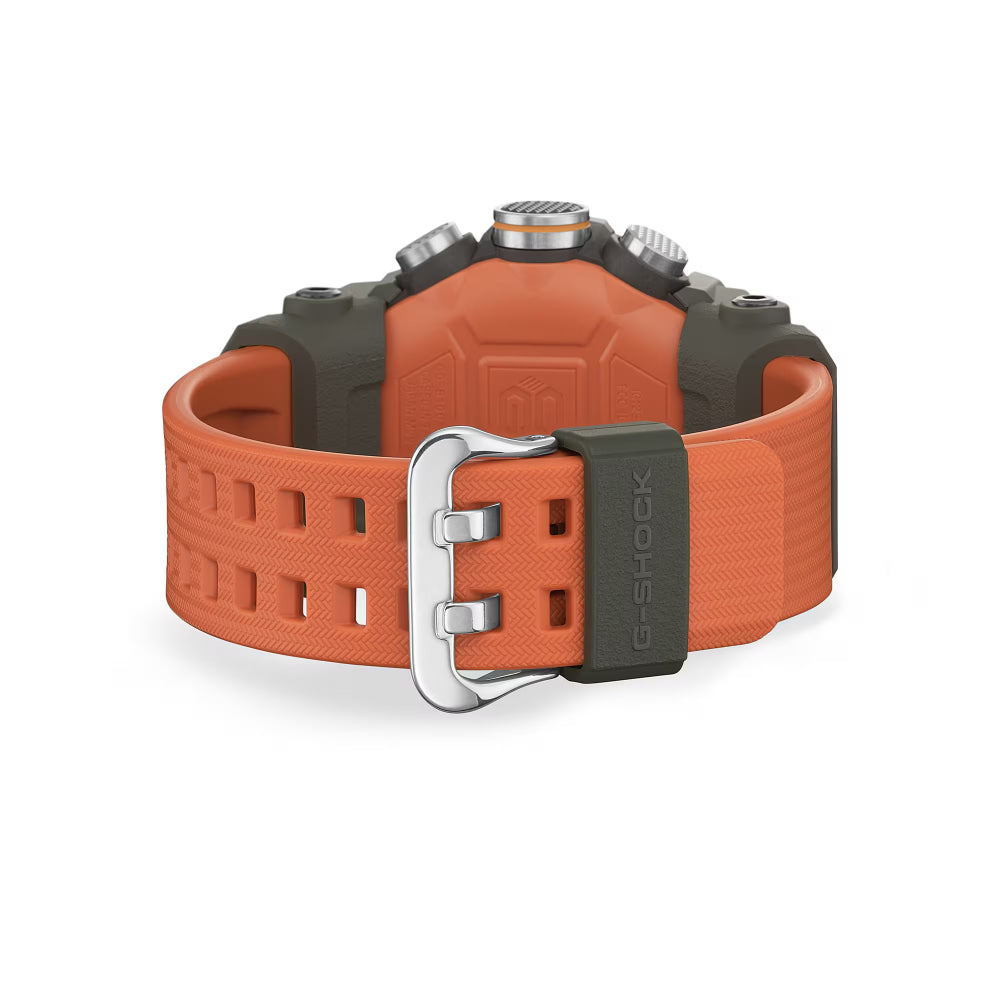 Orange and black G-Shock watch on a white background
