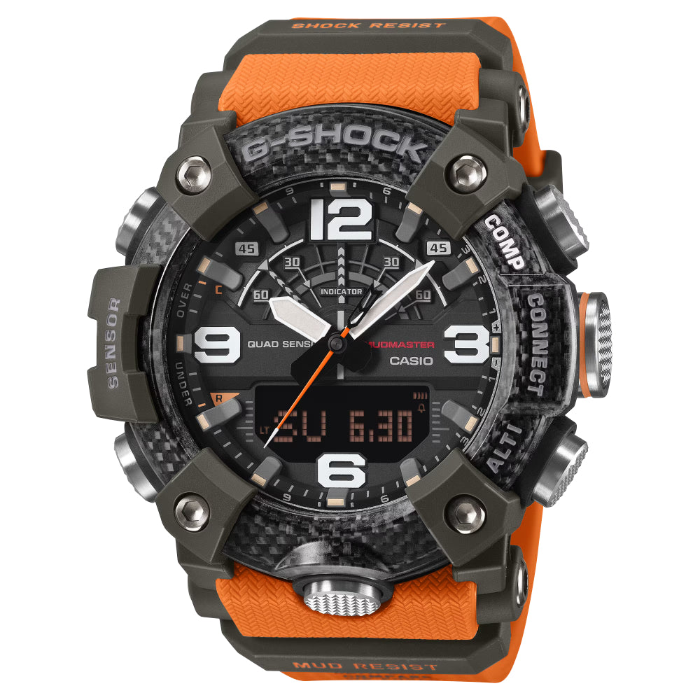 Casio G-Shock watch with orange and black design on a white background