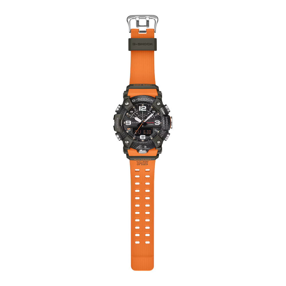Orange Casio watch with black face on a white background