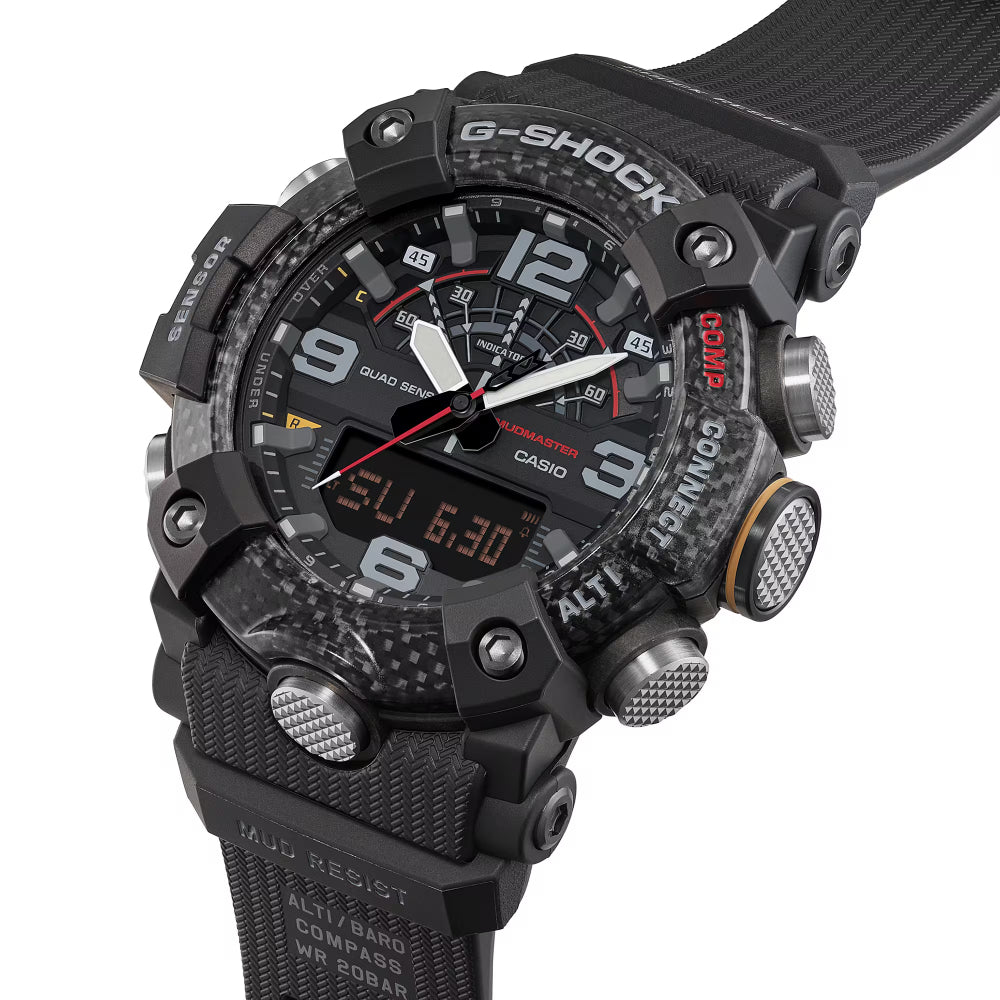 Black Casio G-Shock watch with detailed face and text on a white background