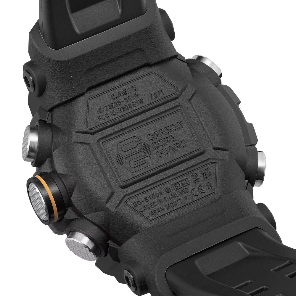 Close-up of a black tactical watch with branding and specifications on a white background