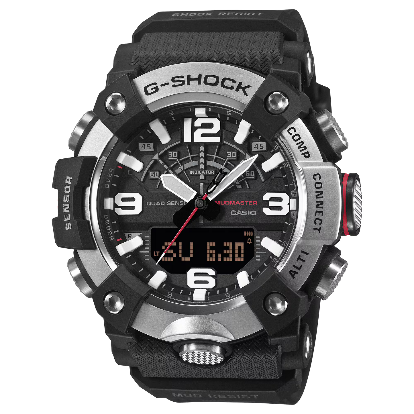 G-Shock watch with black and silver design on a white background