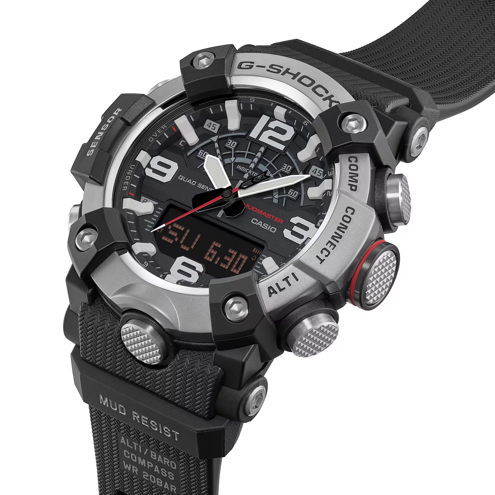G-Shock watch with black strap and detailed face on a white background