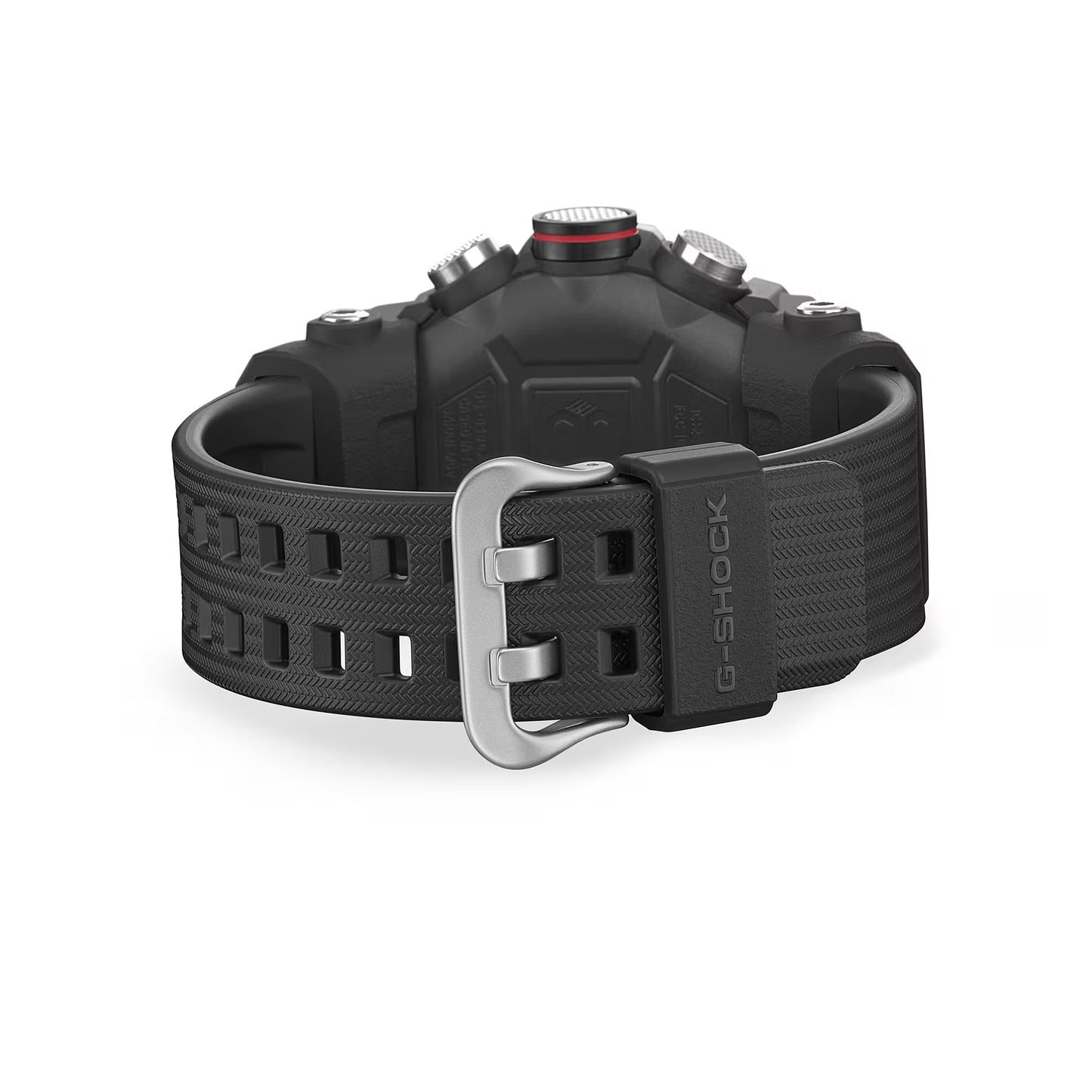 Black Casio G-Shock watch with a silver buckle on a white background