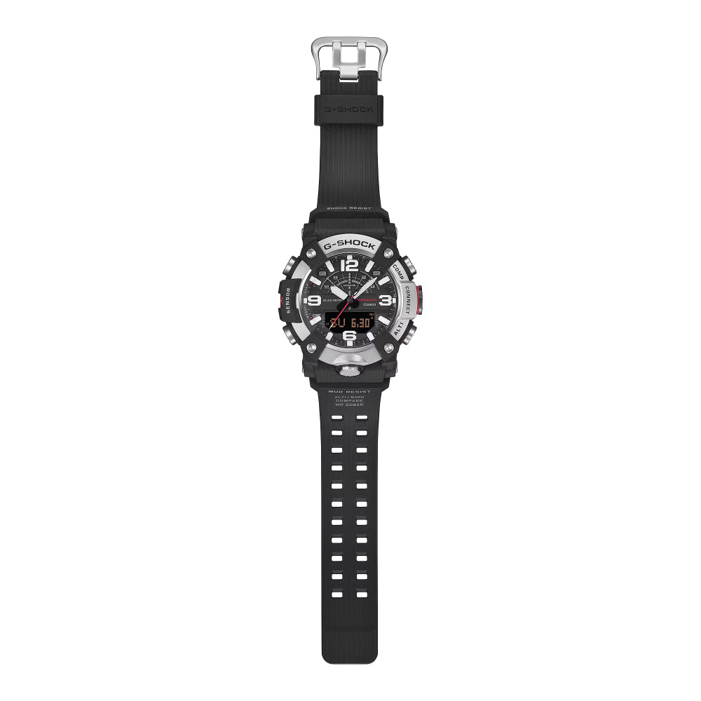 Black Casio G-Shock watch with digital display on a white background
