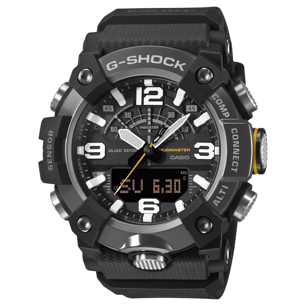 Black Casio G-Shock watch with digital and analog display on a white background