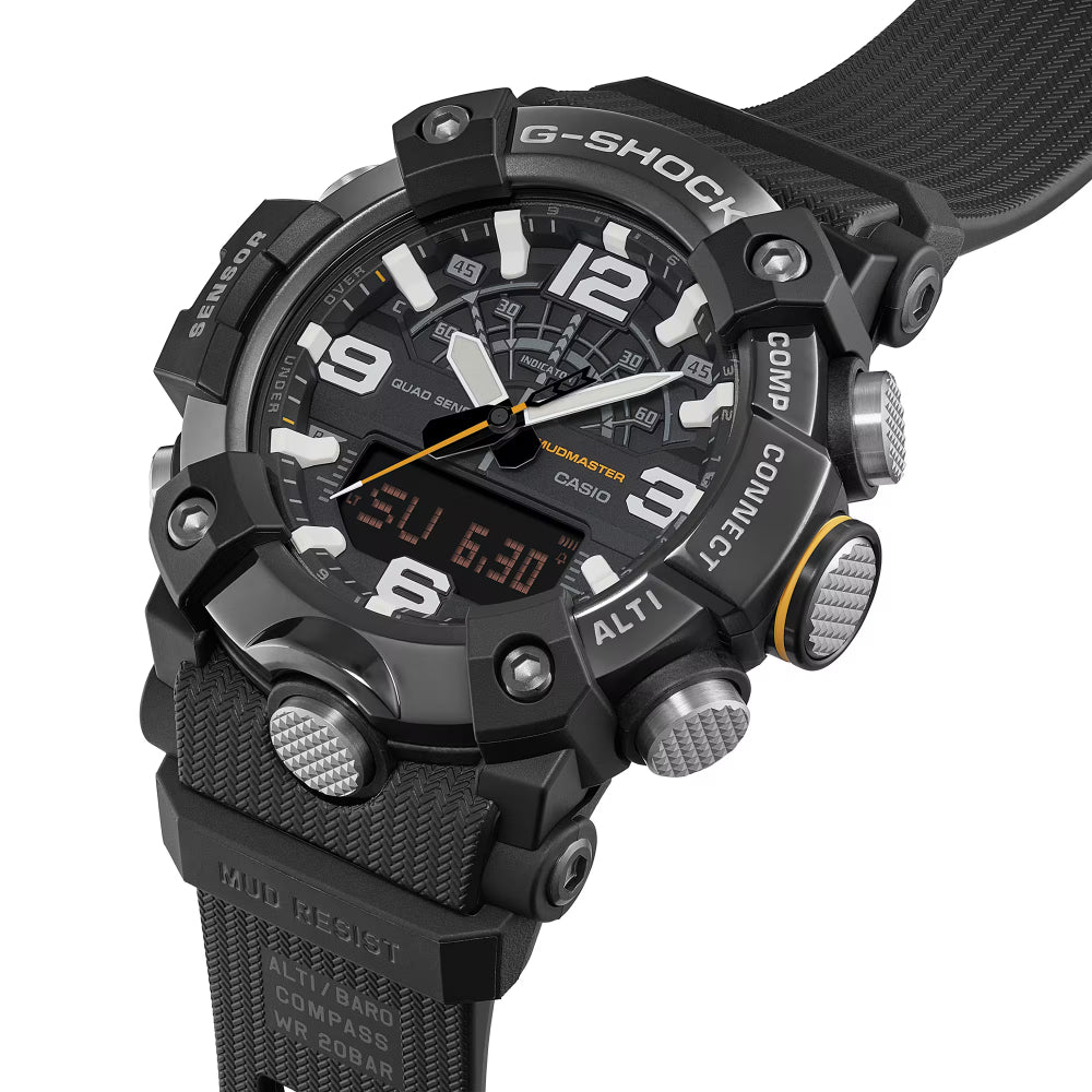 Black Casio G-Shock watch with detailed face and multiple functions on a white background
