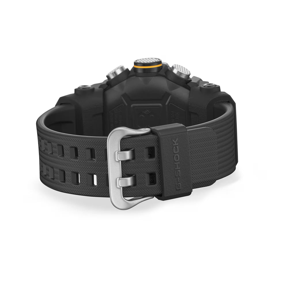 Black Casio G-Shock watch with a textured strap on a white background