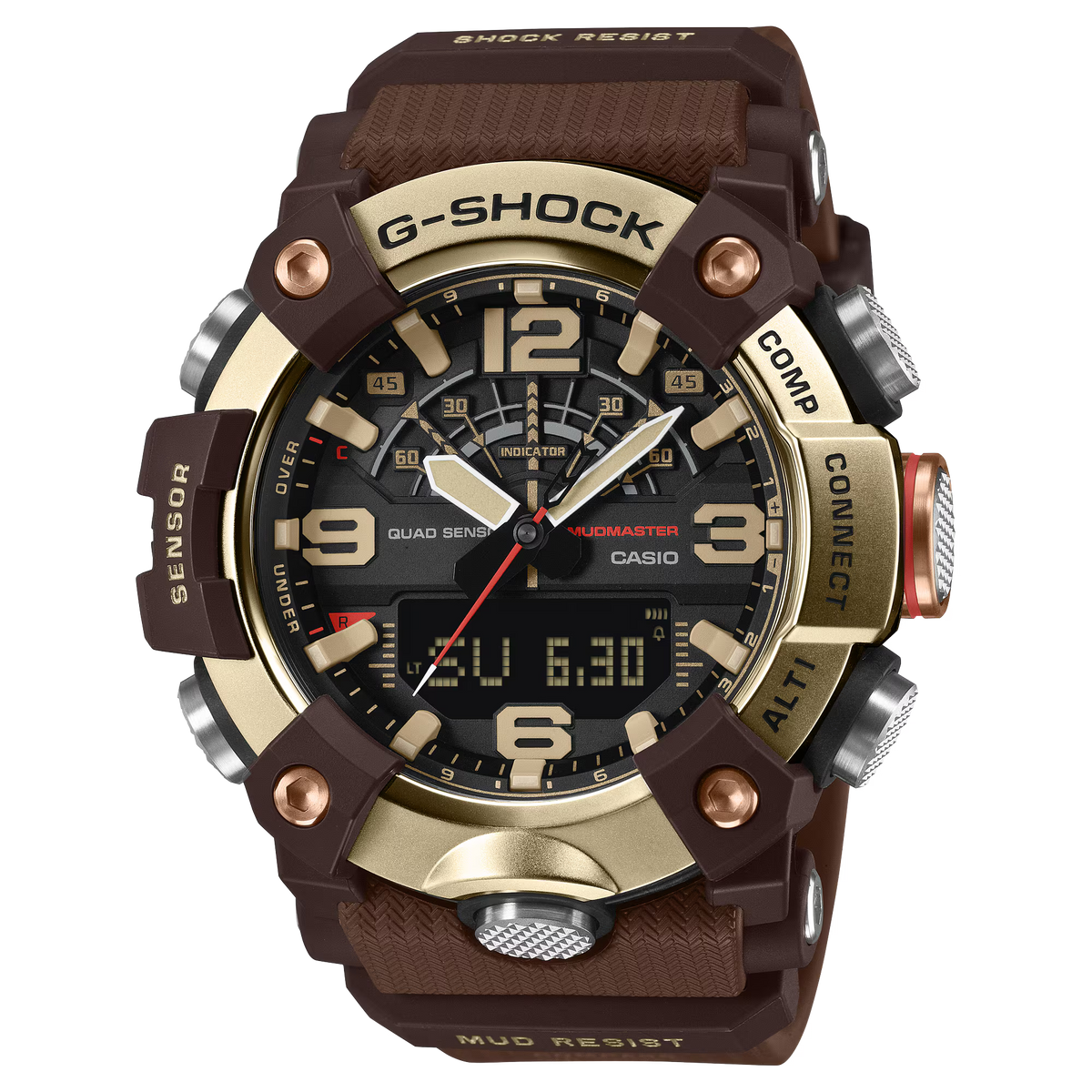 A Casio G-Shock rugged analog watch with a brown textured strap, black dial, and gold-tone case accents, shown on a plain white background.