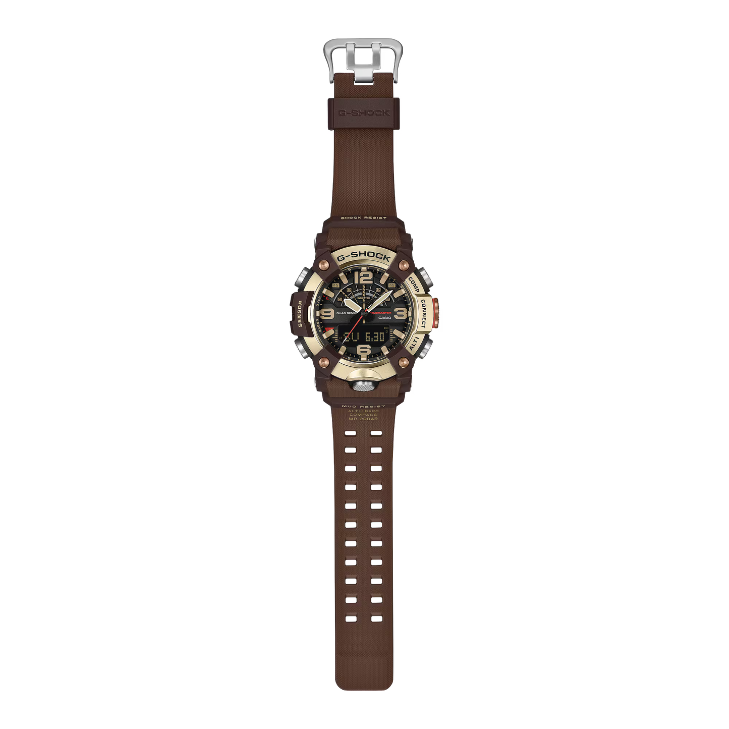A Casio G-Shock watch with a brown strap, brown case, and a black dial featuring beige and red accents, shown against a plain white background.
