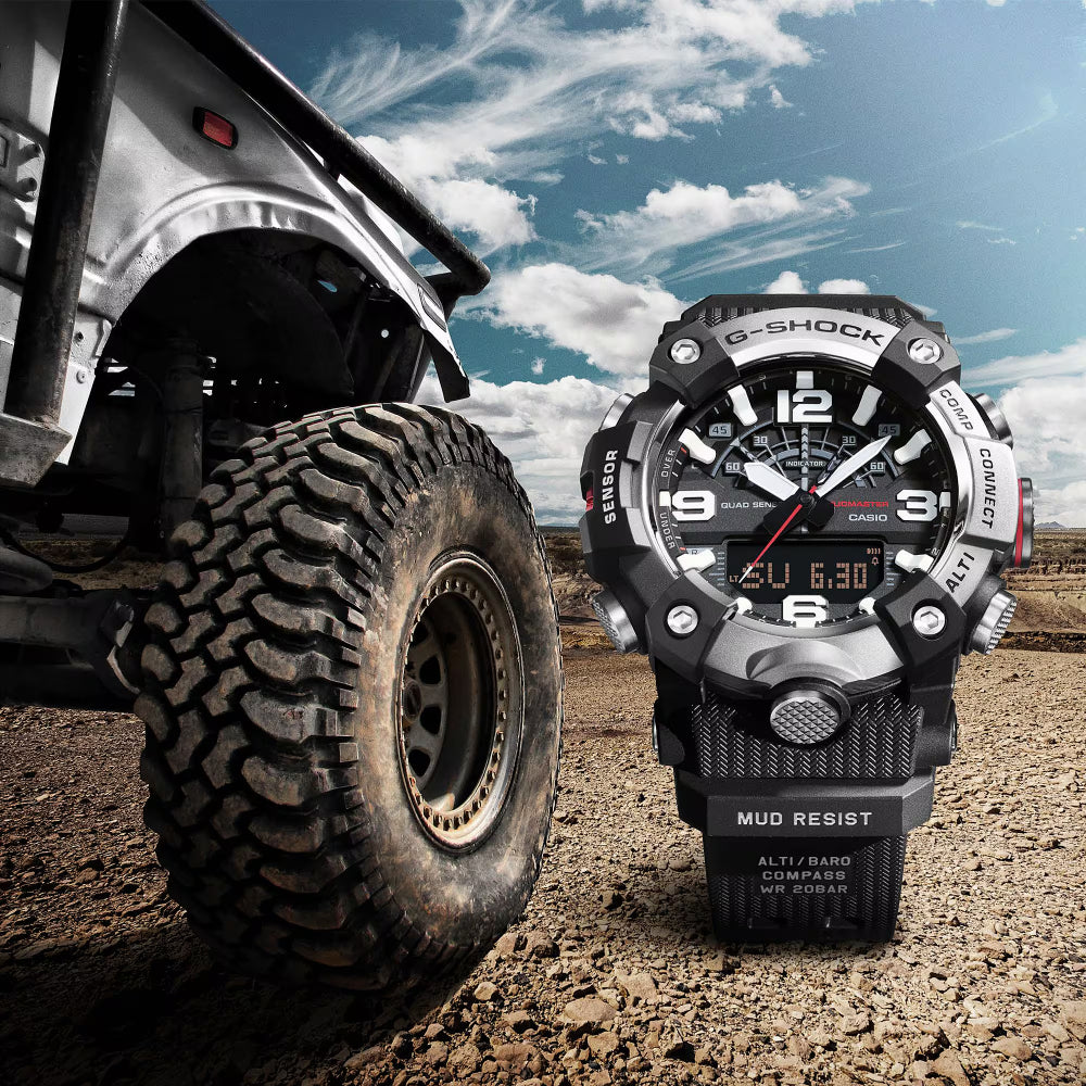 Casio G-Shock watch with off-road vehicle in desert setting