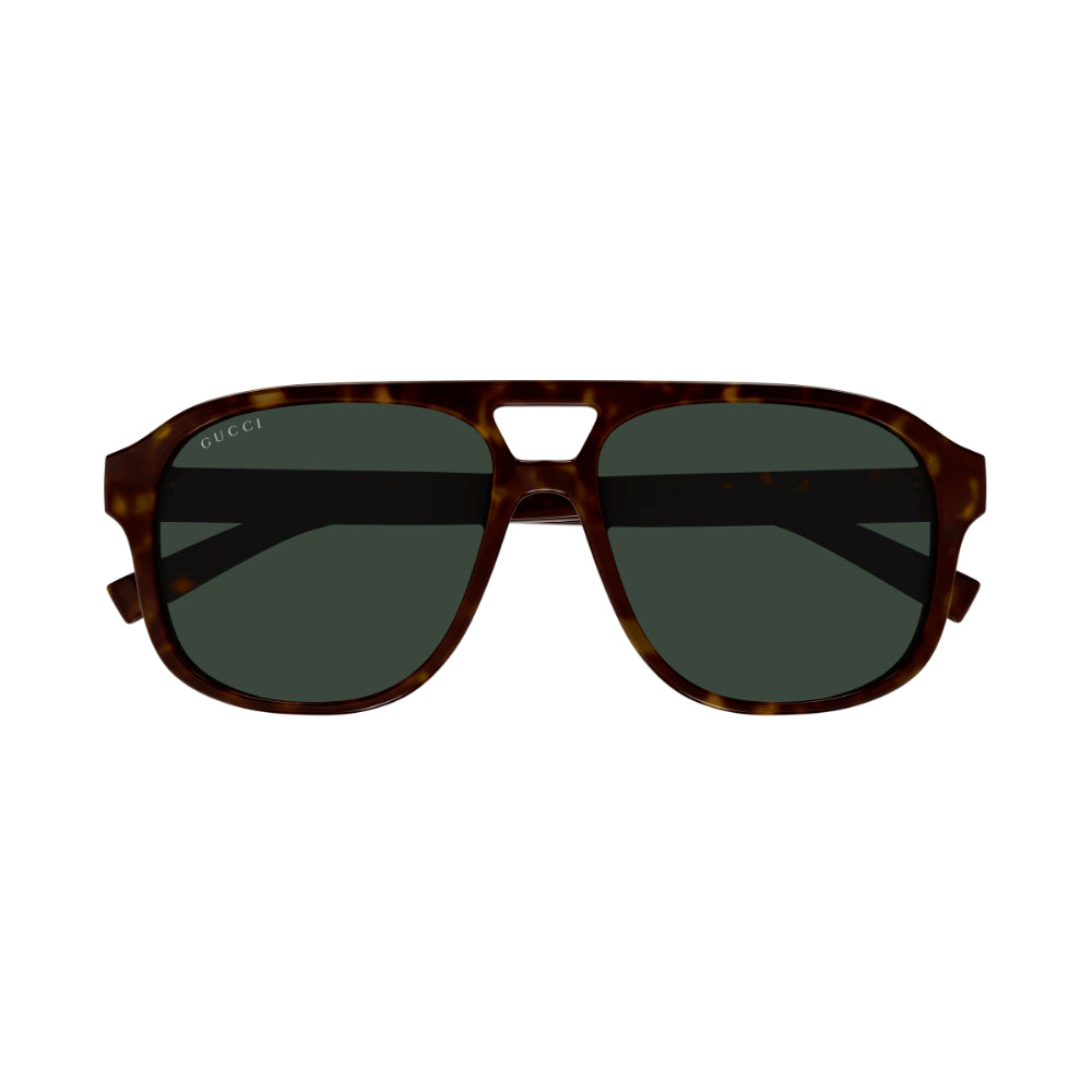 Gucci square aviator-style sunglasses with a dark brown tortoiseshell acetate frame and dark green lenses, shown against a plain white background.