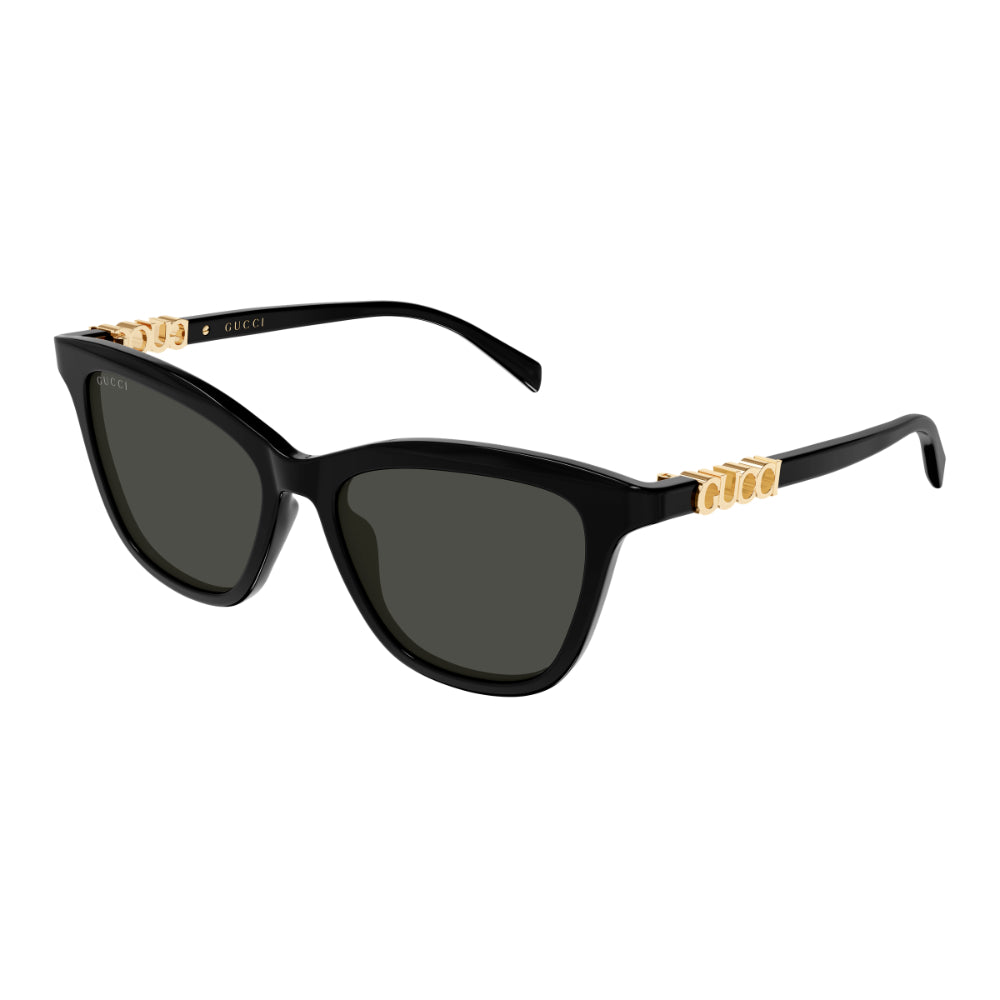 Black sunglasses with gold accents on a white background