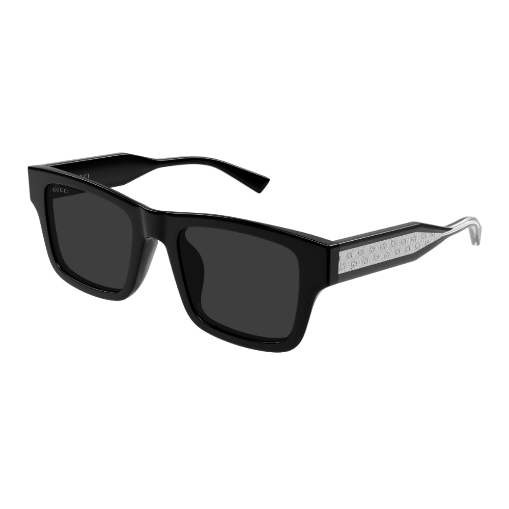 Black sunglasses with a unique design on the arm against a white background