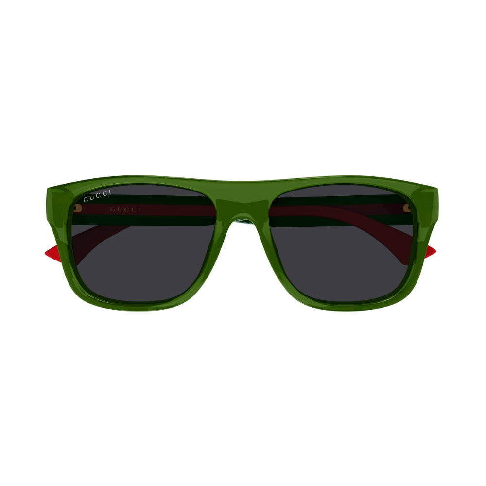 Gucci sunglasses with a translucent olive green frame, dark lenses, and the brand's signature green and red web stripe detail on the front, shown against a plain white background.