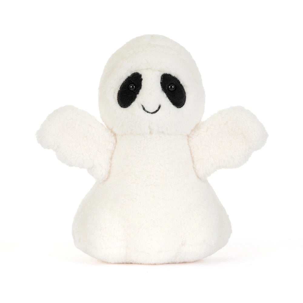 A small white plush ghost toy with black embroidered eyes and a simple stitched smile, centered on a clean white background.