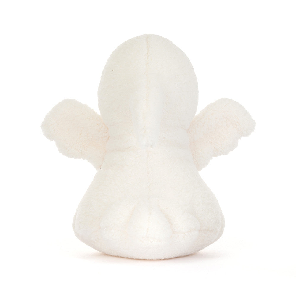 The back of a small white plush ghost toy with black embroidered eyes and a simple stitched smile, centered on a clean white background.