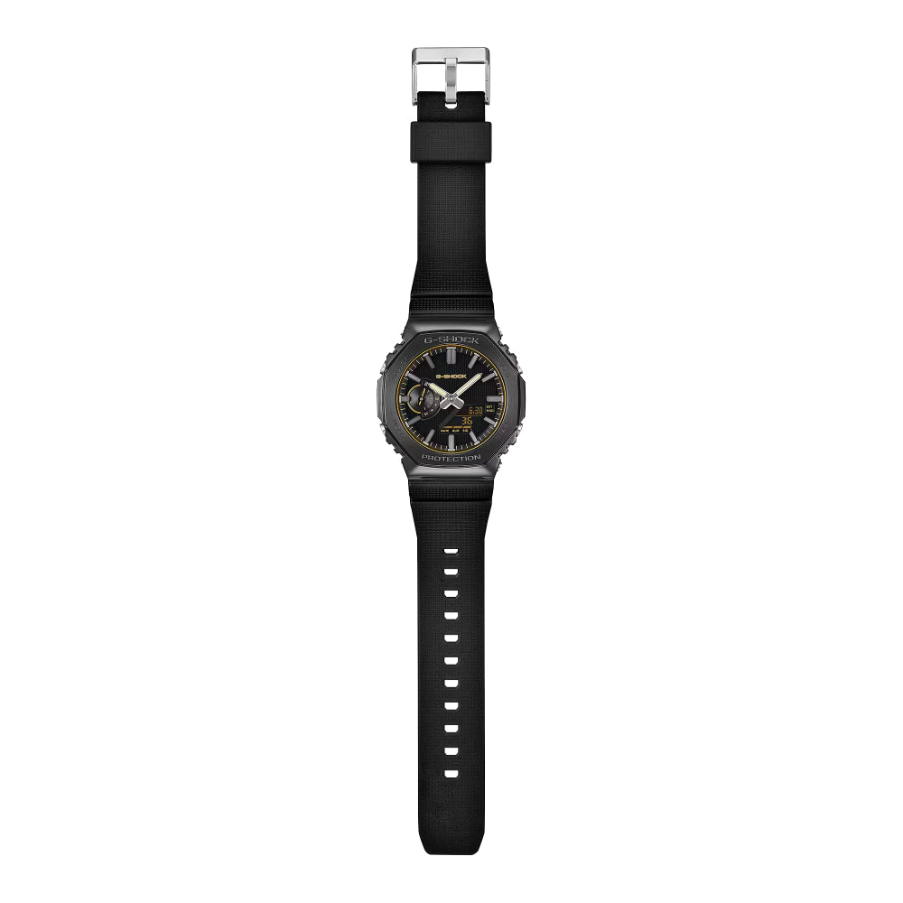 A Casio watch with a black strap, black dial, and silver-toned case on a solid white background.