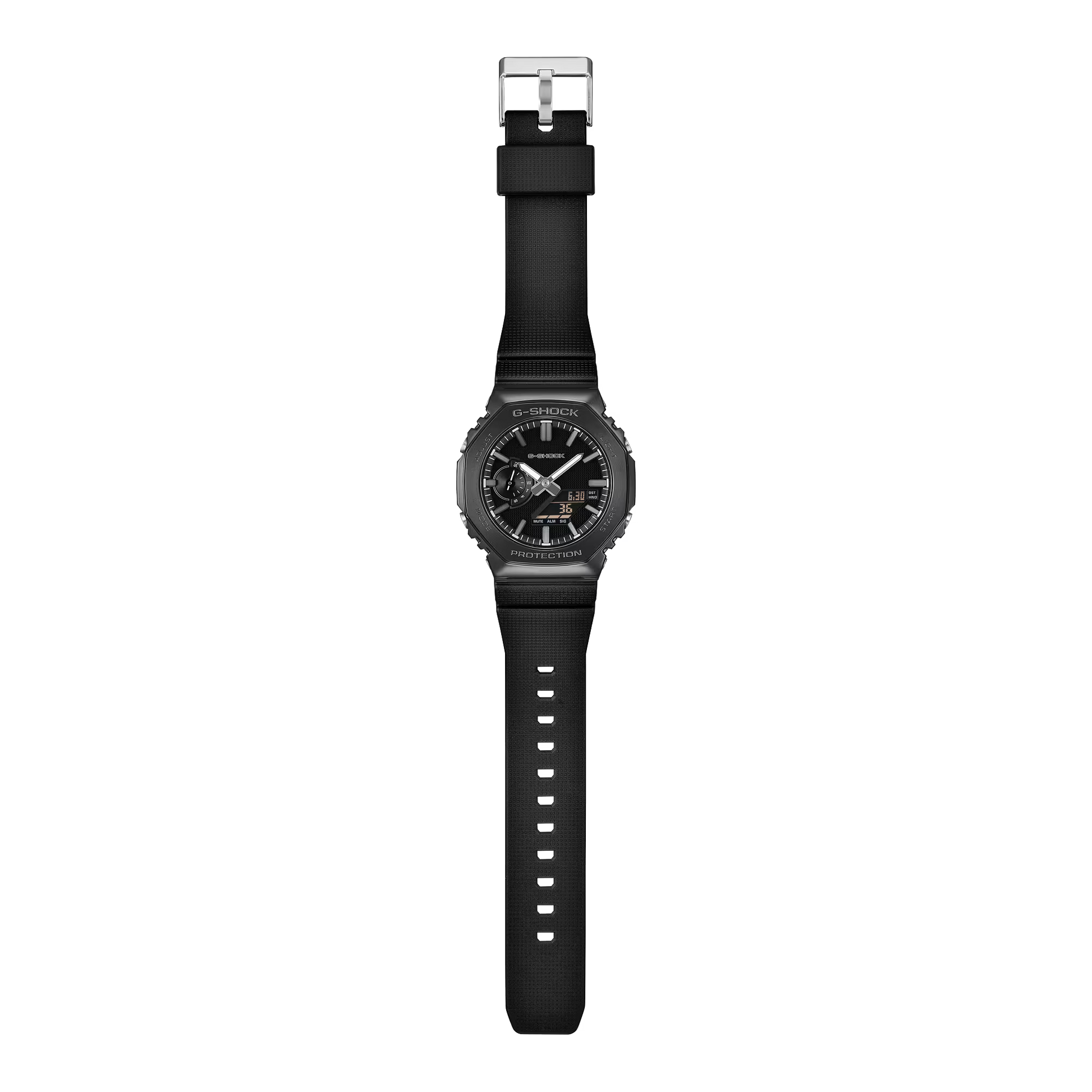A black analog watch with a black strap and a dark gray bezel, centered on a solid white background.