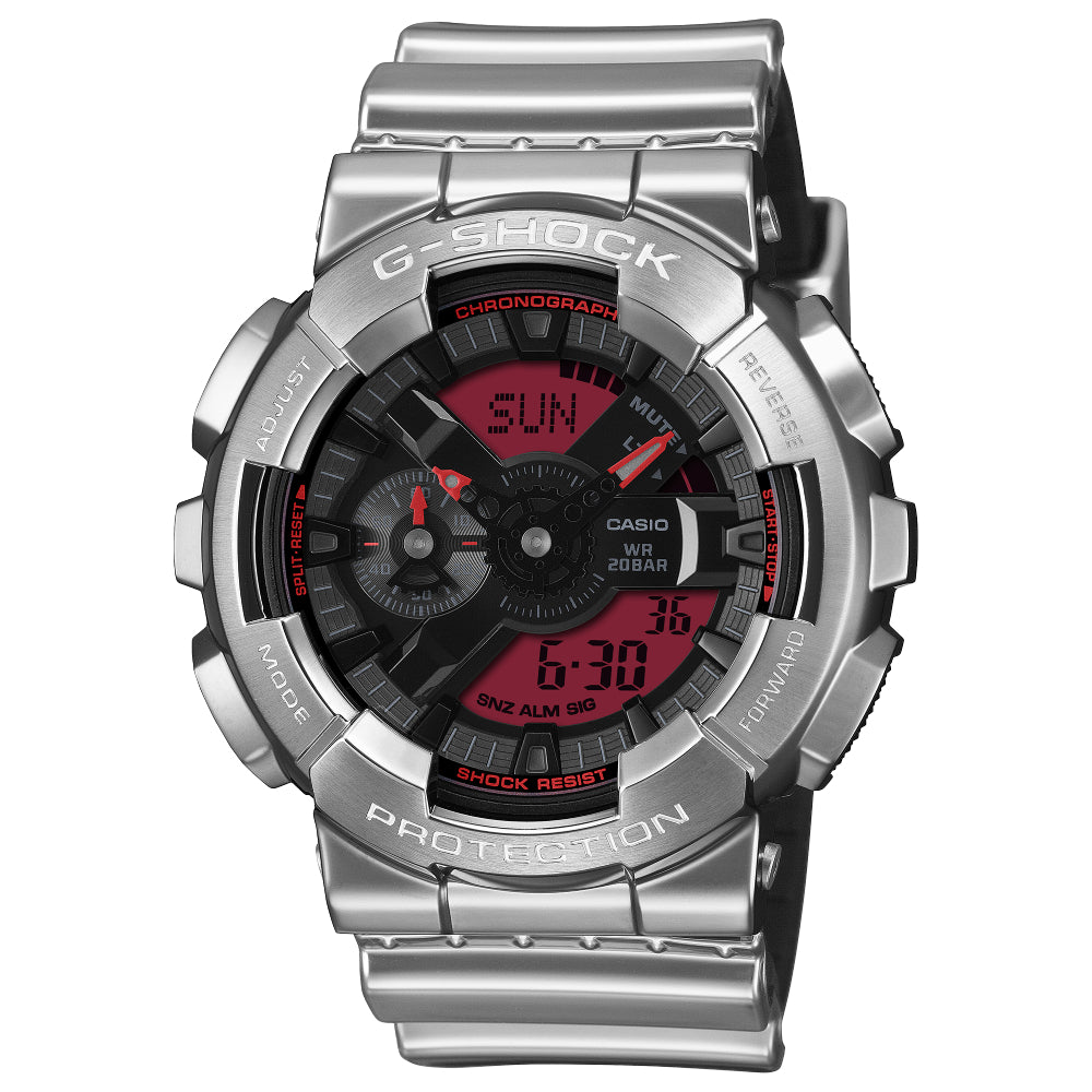 Silver G-Shock watch with a red analog/digital dial on a white background