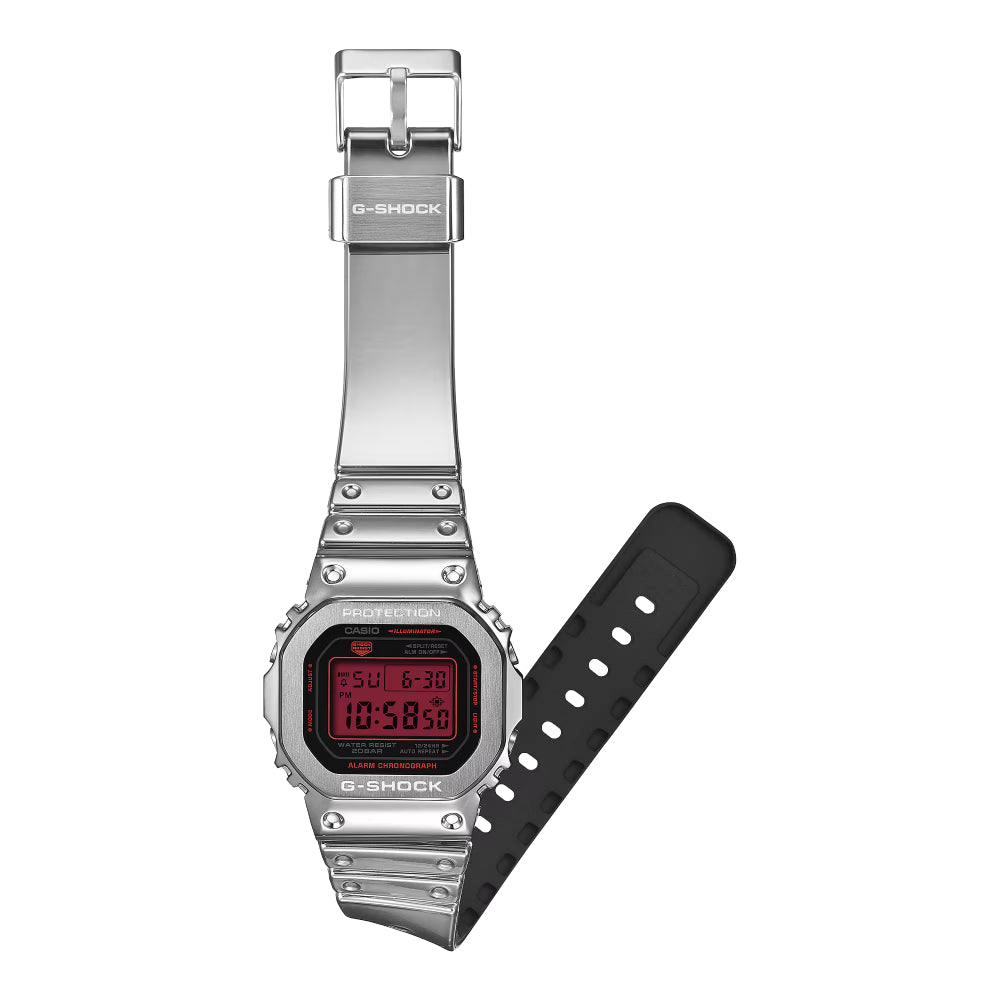 Silver G-Shock watch with a red digital dial on a white background