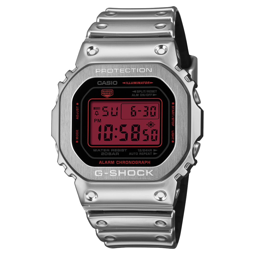 Silver G-Shock watch with a red digital dial on a white background