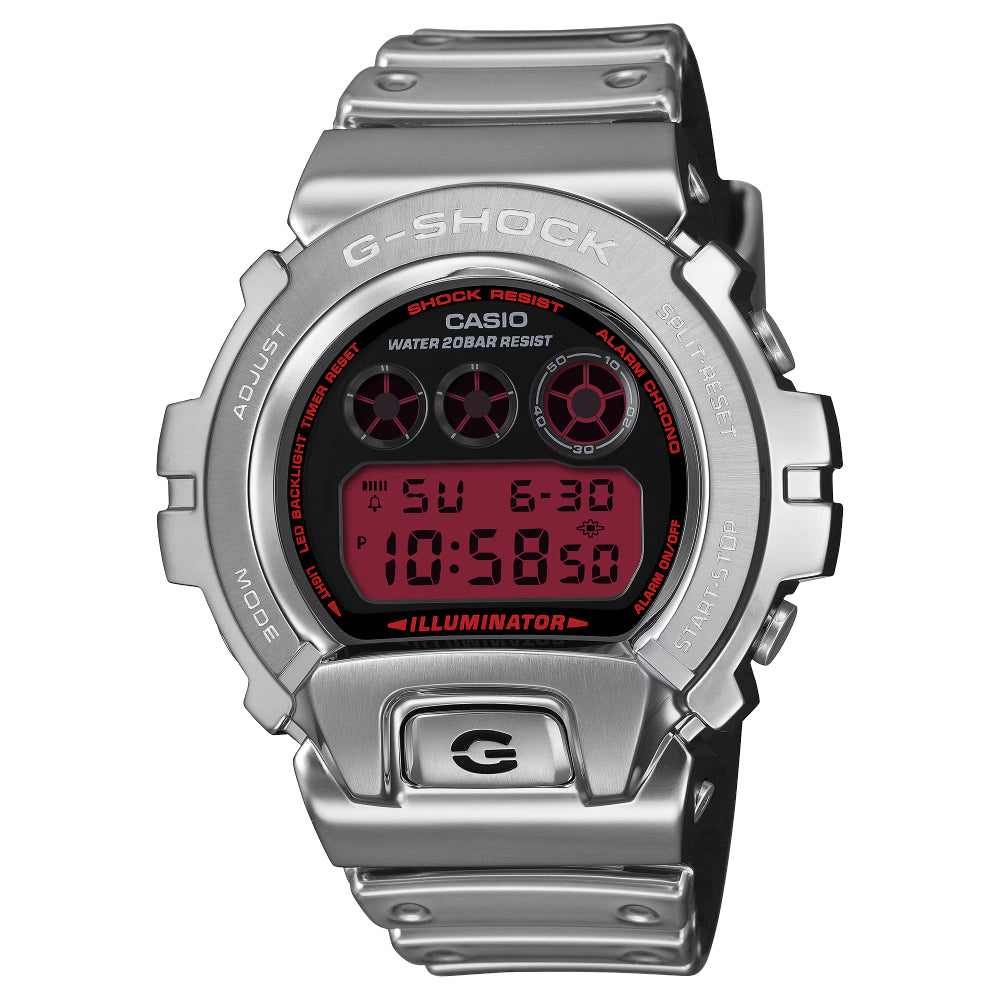 Silver G-Shock watch with a red analog/digital dial on a white background