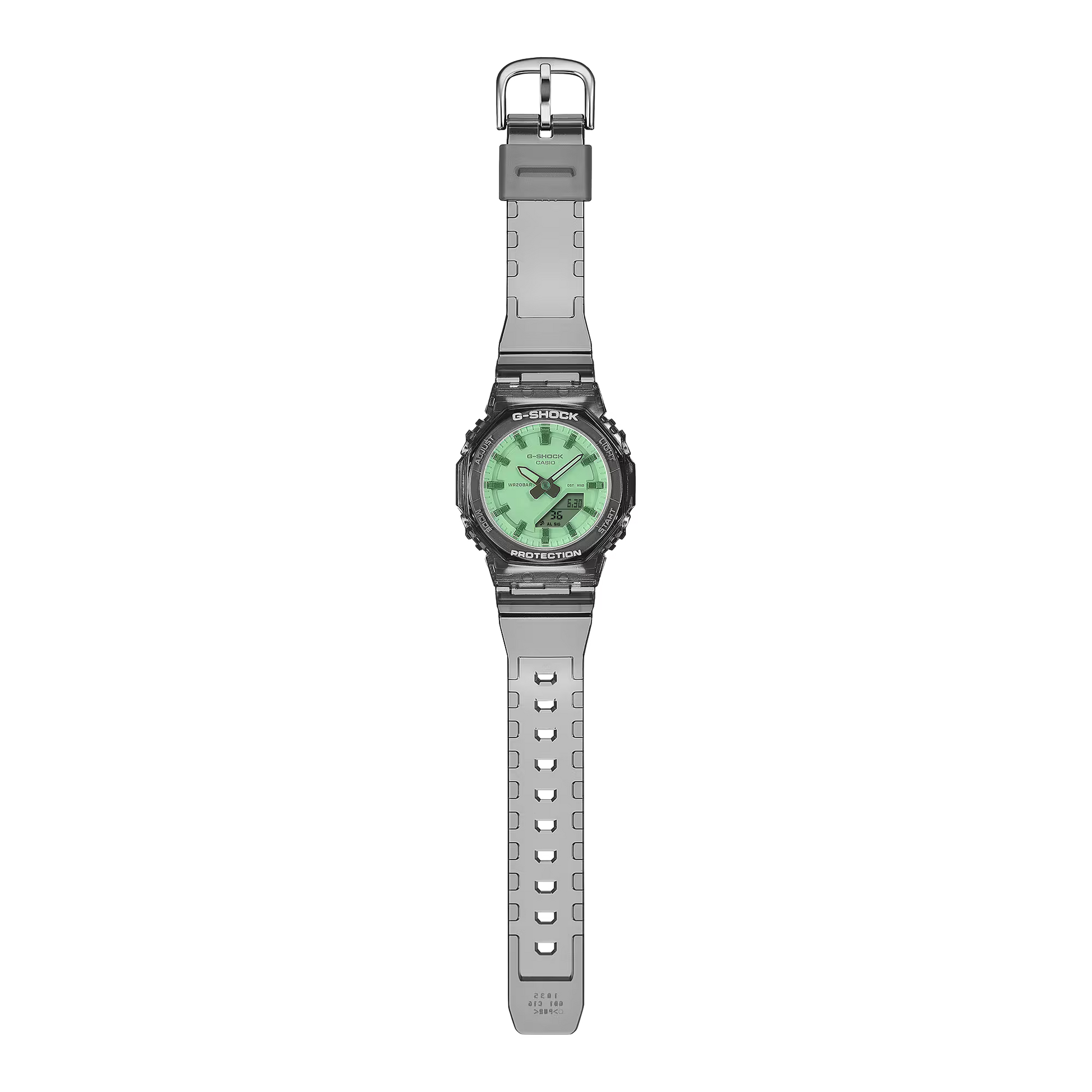 Casio watch with green face and gray strap on a white background