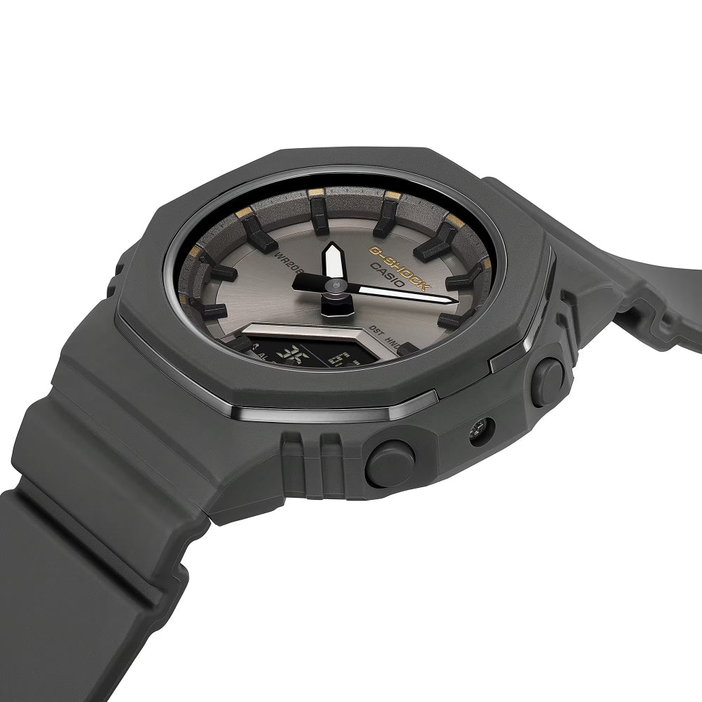 Gray wristwatch with a detailed face on a white background