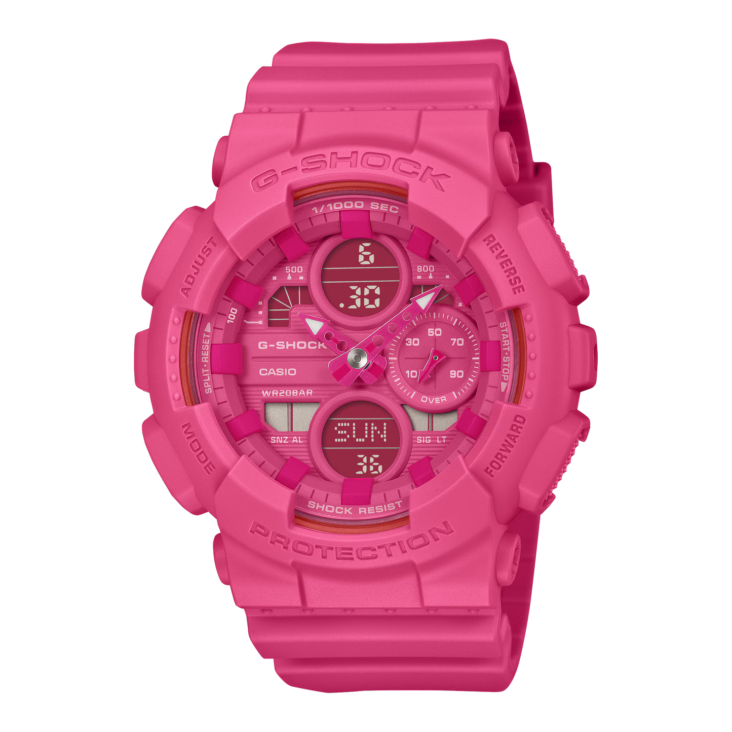 pink watch with pink face on a black checkered background