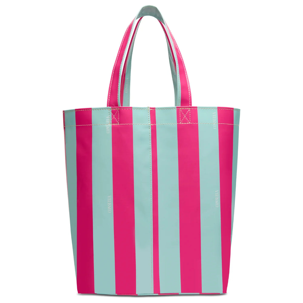 Tote bag with pink and blue vertical stripes on a white background