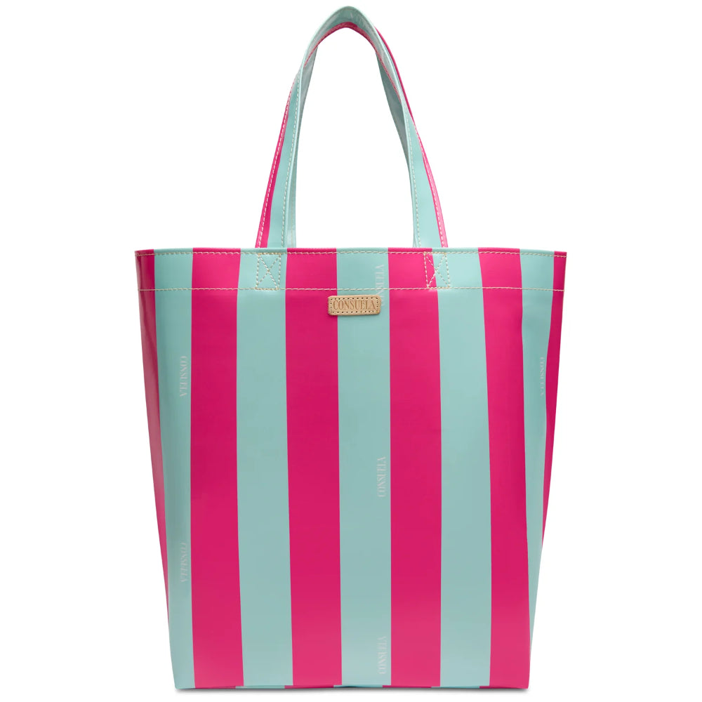 Striped tote bag with pink and blue vertical stripes on a white background