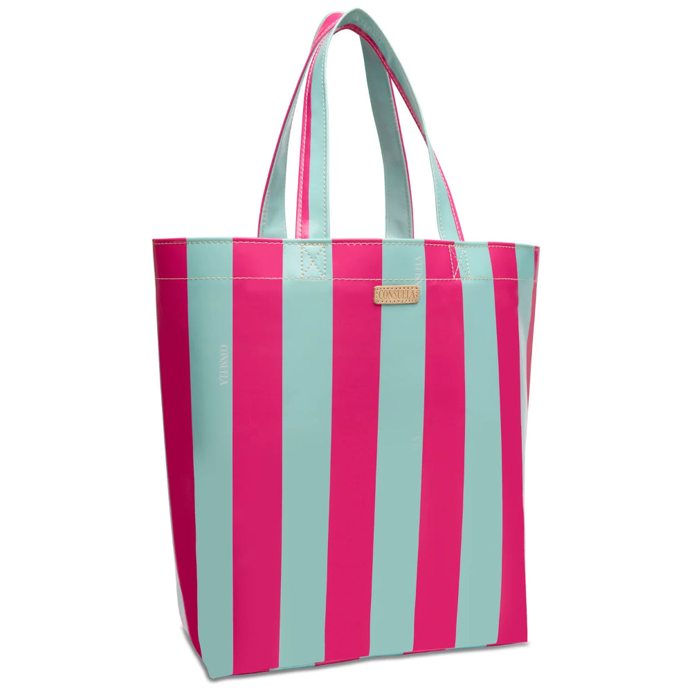 Tote bag with pink and teal stripes on a white background