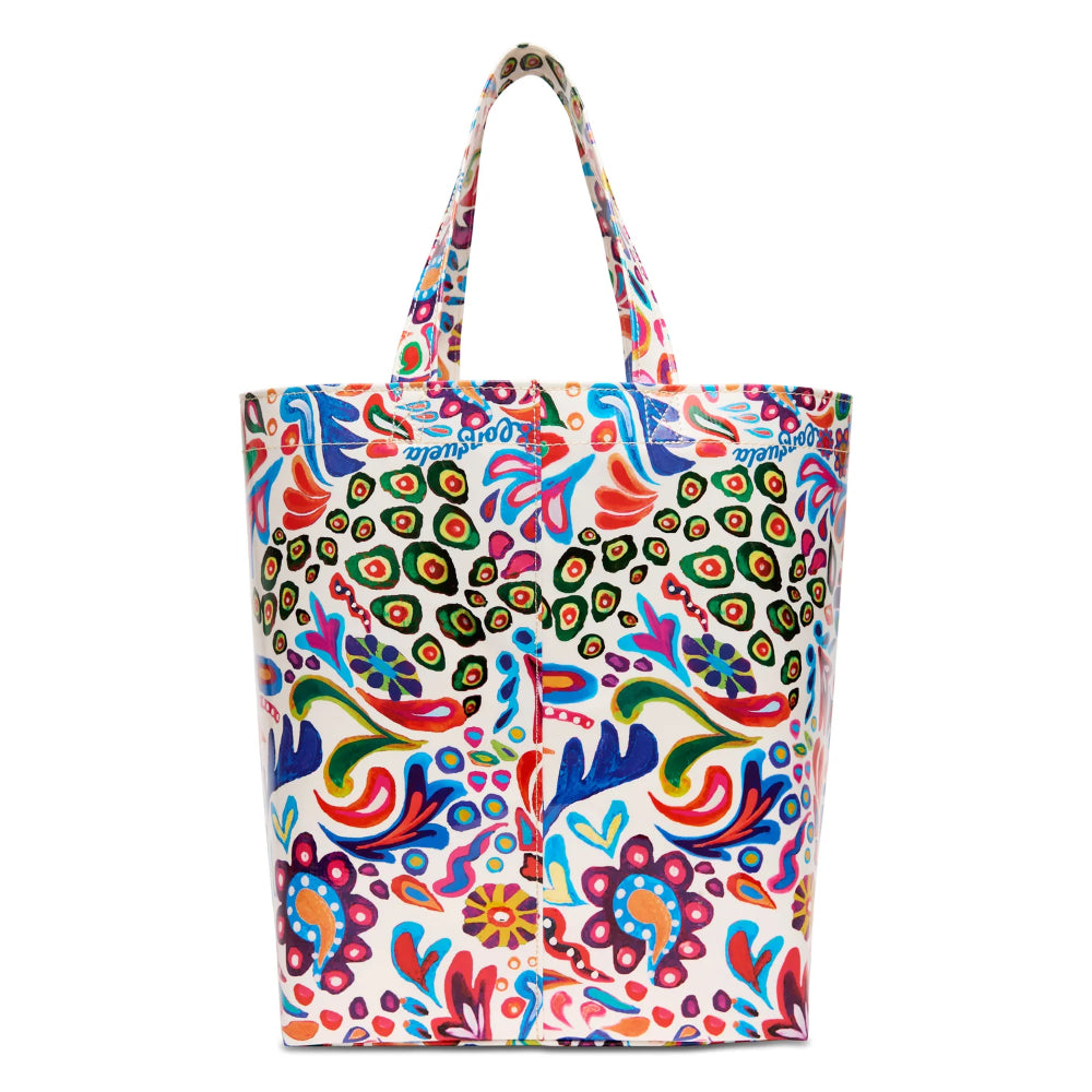 Colorful patterned tote bag on a white background