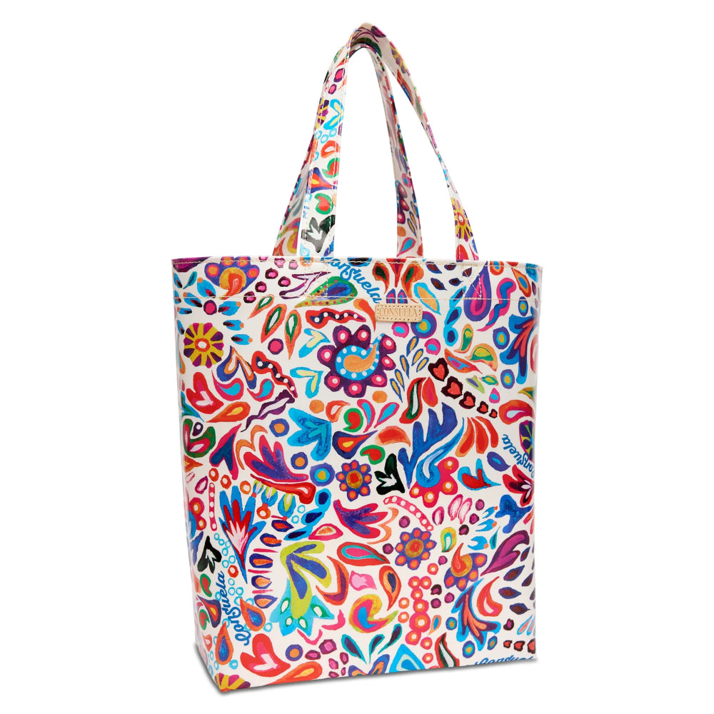 Colorful floral-patterned tote bag on a white background
