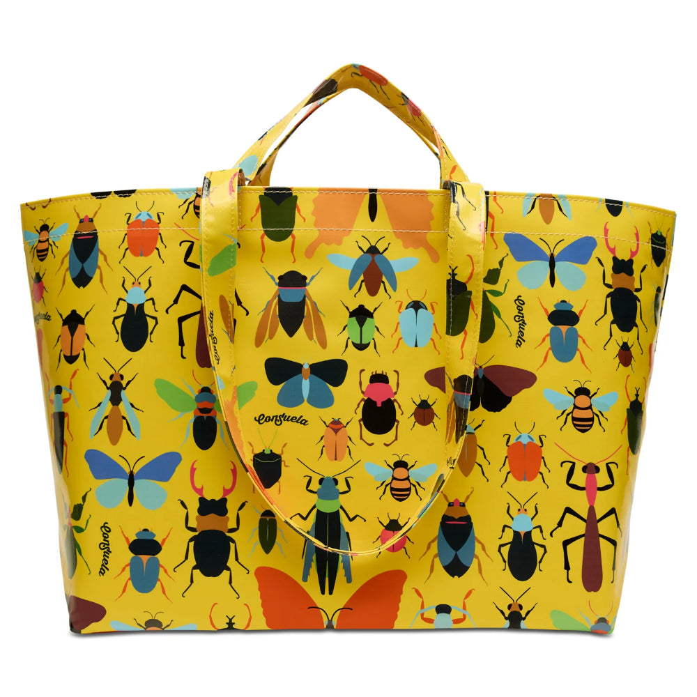 Yellow tote bag with colorful insect pattern on a white background