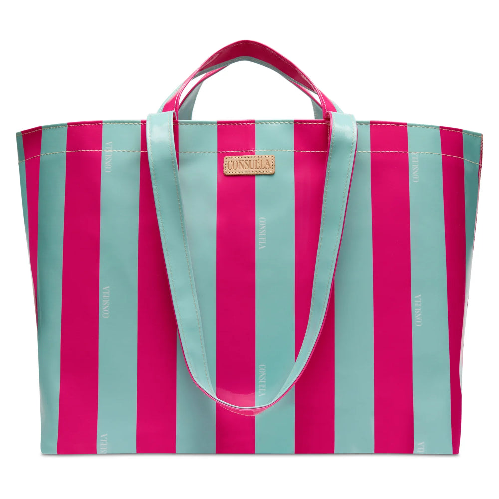Striped tote bag with pink and light blue vertical stripes on a white background