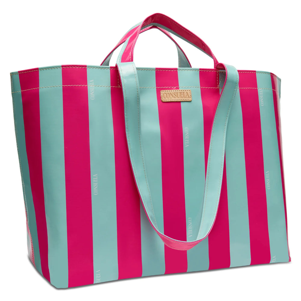Striped tote bag with pink and light blue vertical stripes on a white background