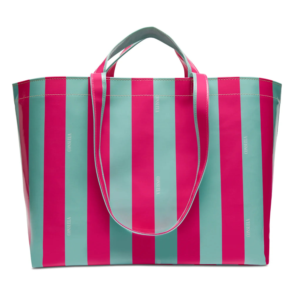 Striped tote bag with pink and teal vertical stripes on a white background
