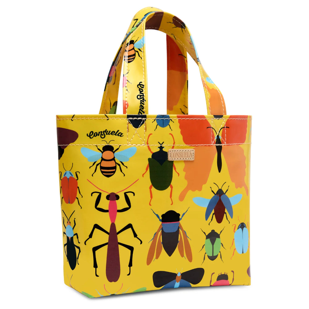 Colorful tote bag with insect pattern on a white background